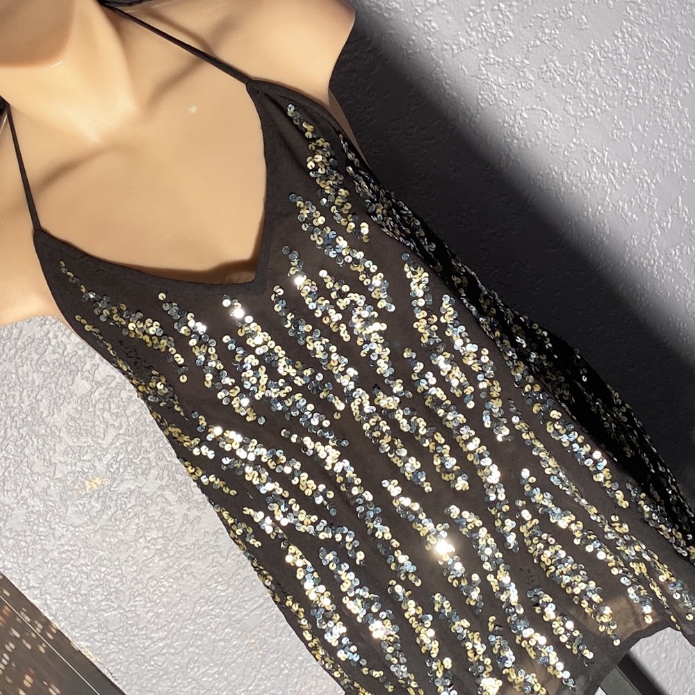BKE BOUTIQUE - tank: black sequin flamed halter w adj. & elastic neck w tie - L - Picture 1 of 16
